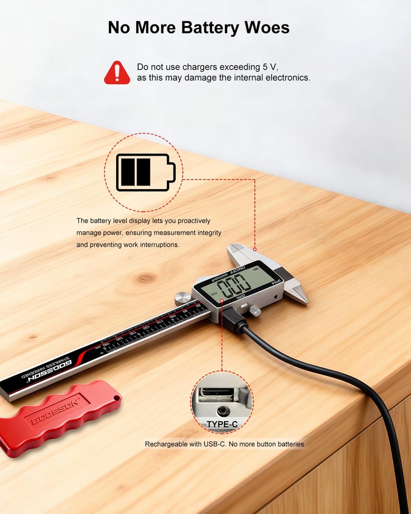 GODESON Digital Caliper, 6 Inch Rechargeable & Power Indicator Caliper Measuring Tool - 0.01mm Accuracy, Large LCD Vernier Calipers - IP54 & Stainless Steel, MM/Inch/F for Metal & Wood Working, 3D Printing - Image 2